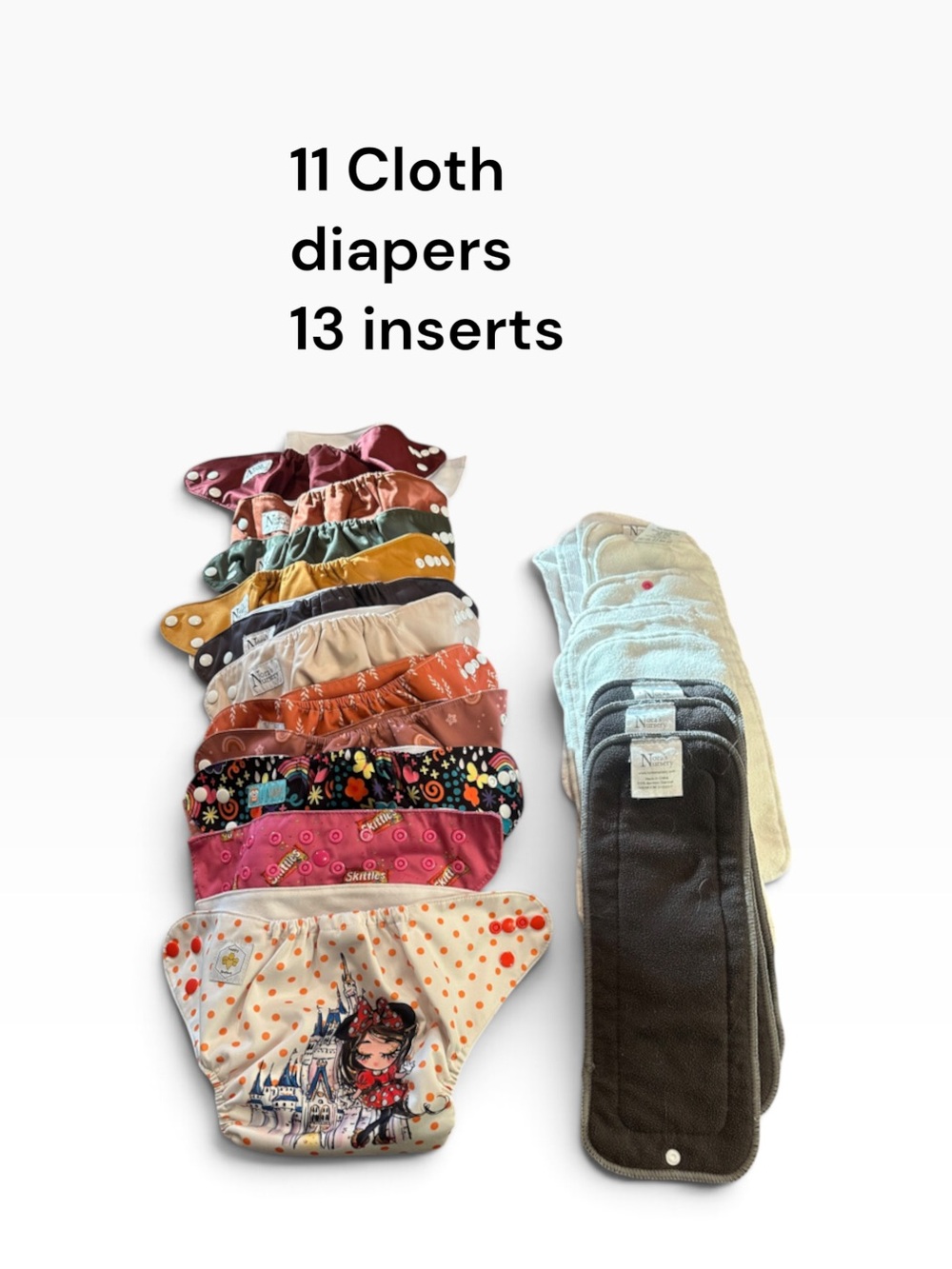 Cloth Diaper’s 11  with 13 Inserts - Multi Color Preowned